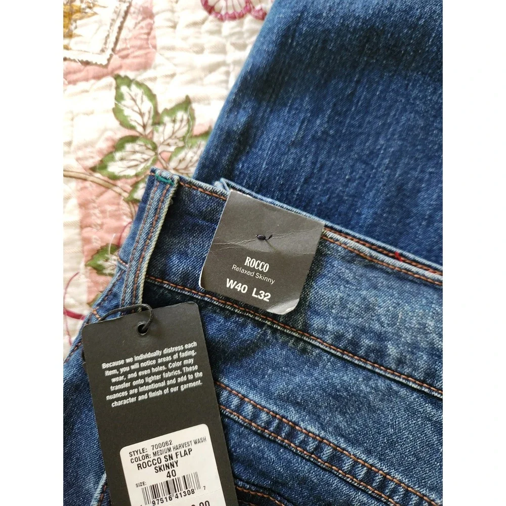 True Religion Men's Rocco Relaxed Skinny Blue Jeans Pants‎ Flap Pockets 40×32